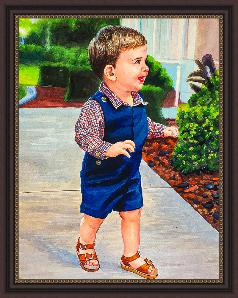 Toddler boy walking in a garden watercolor painting